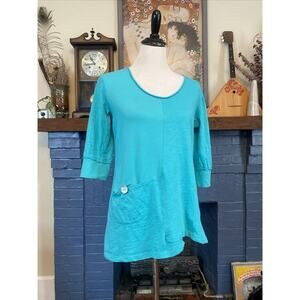 Neon Buddha S Tunic Top 3/4 Sleeve Embellished Button Turquoise Cotton Shirt